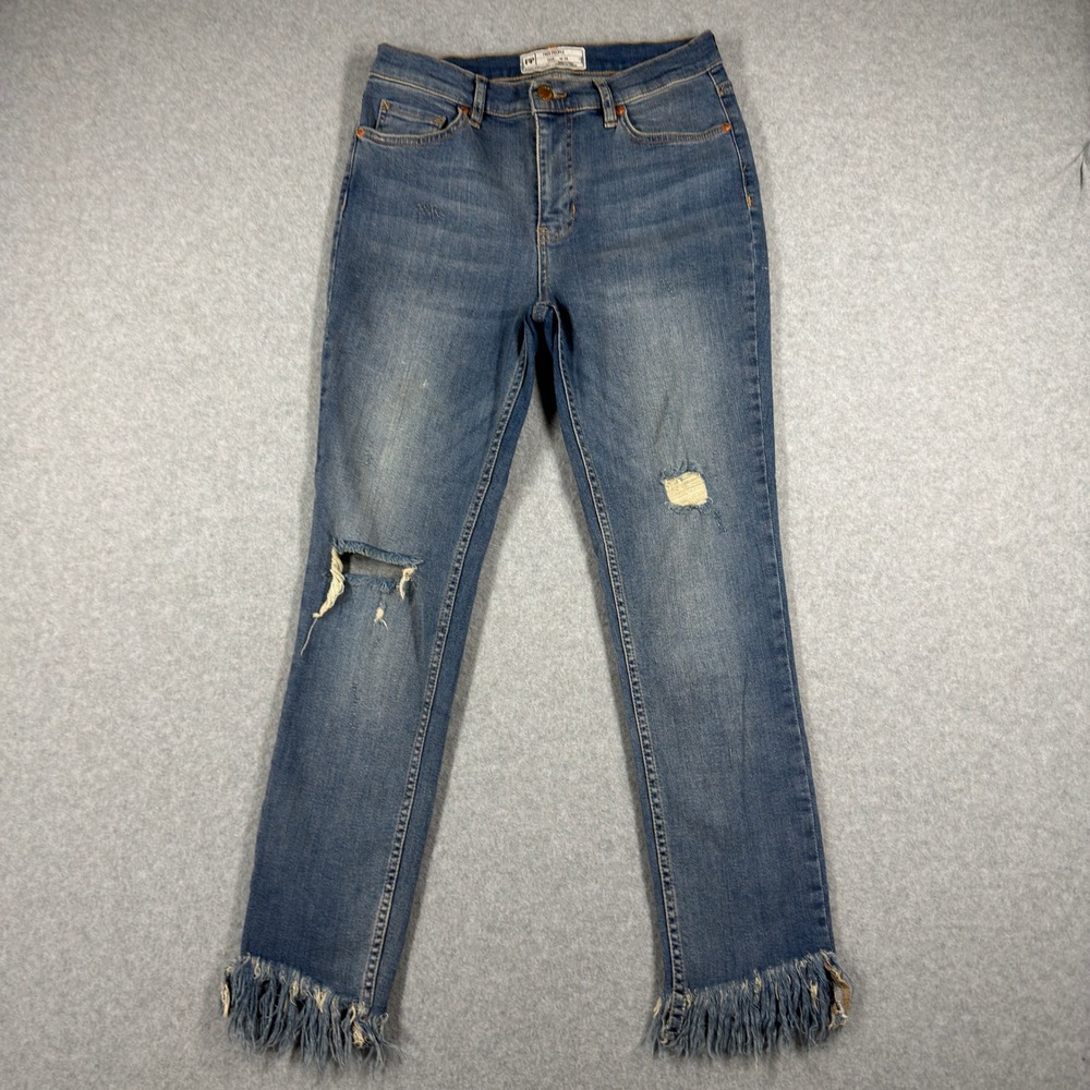 Free People Women Blue Distressed Frayed Fringe Hem Slim Jeans Size w28
